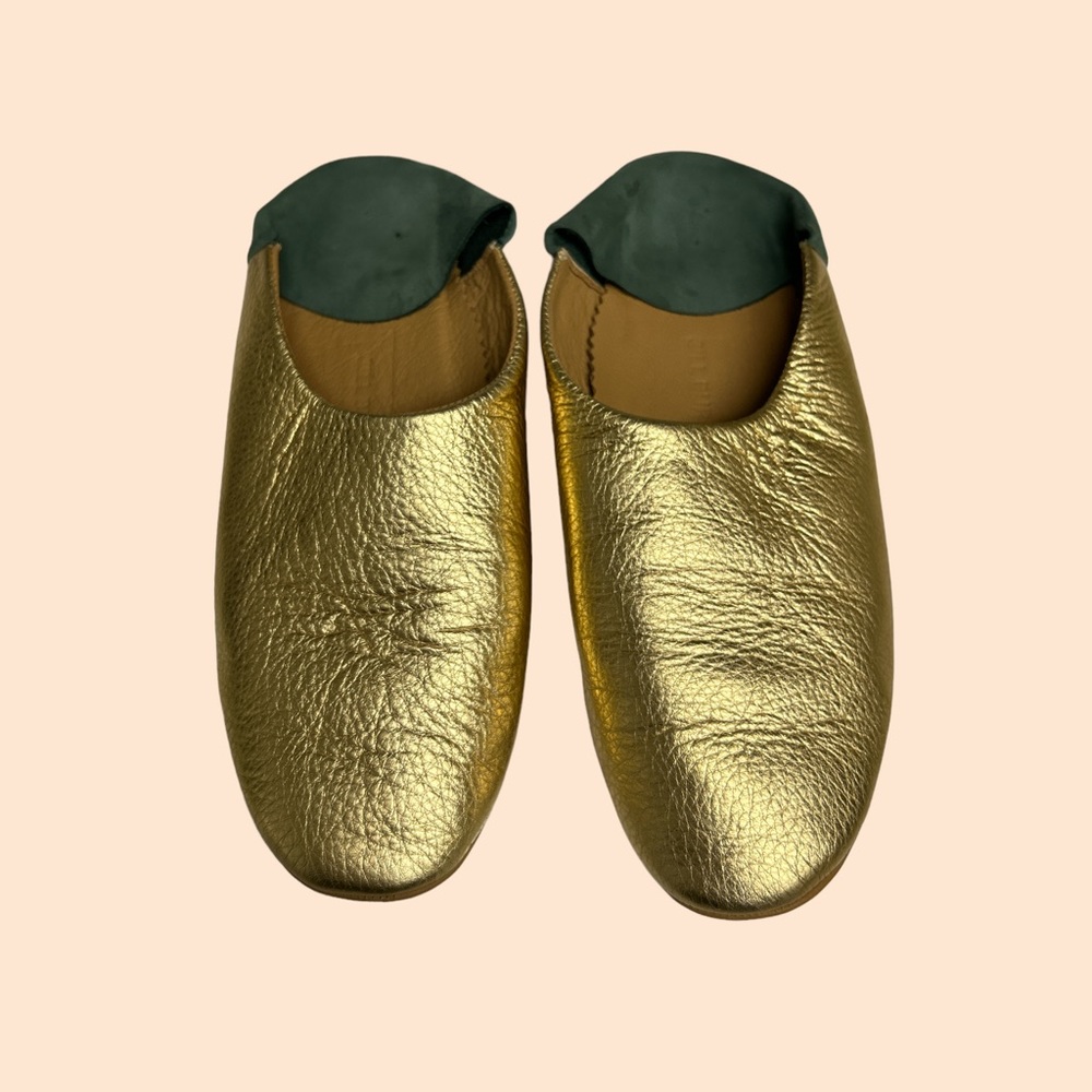 Jill Burrows gold and green leather slippers